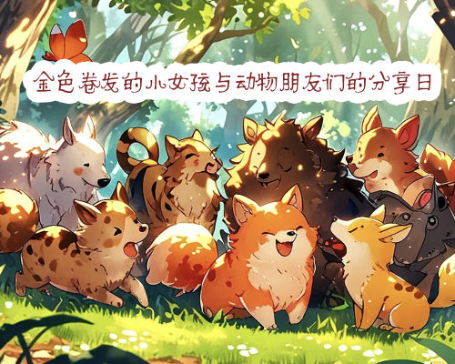 金色卷发的小女孩与动物朋友们的分享日