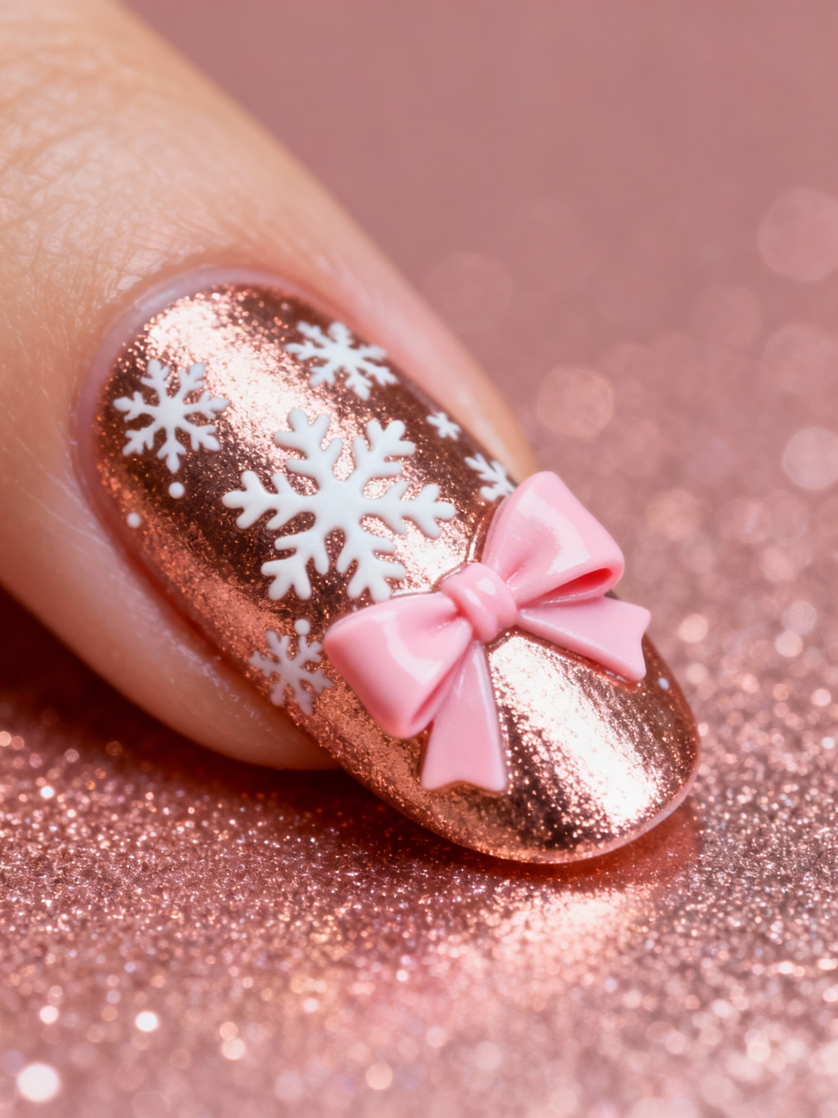 Pink Bow Snowflake Nail Art