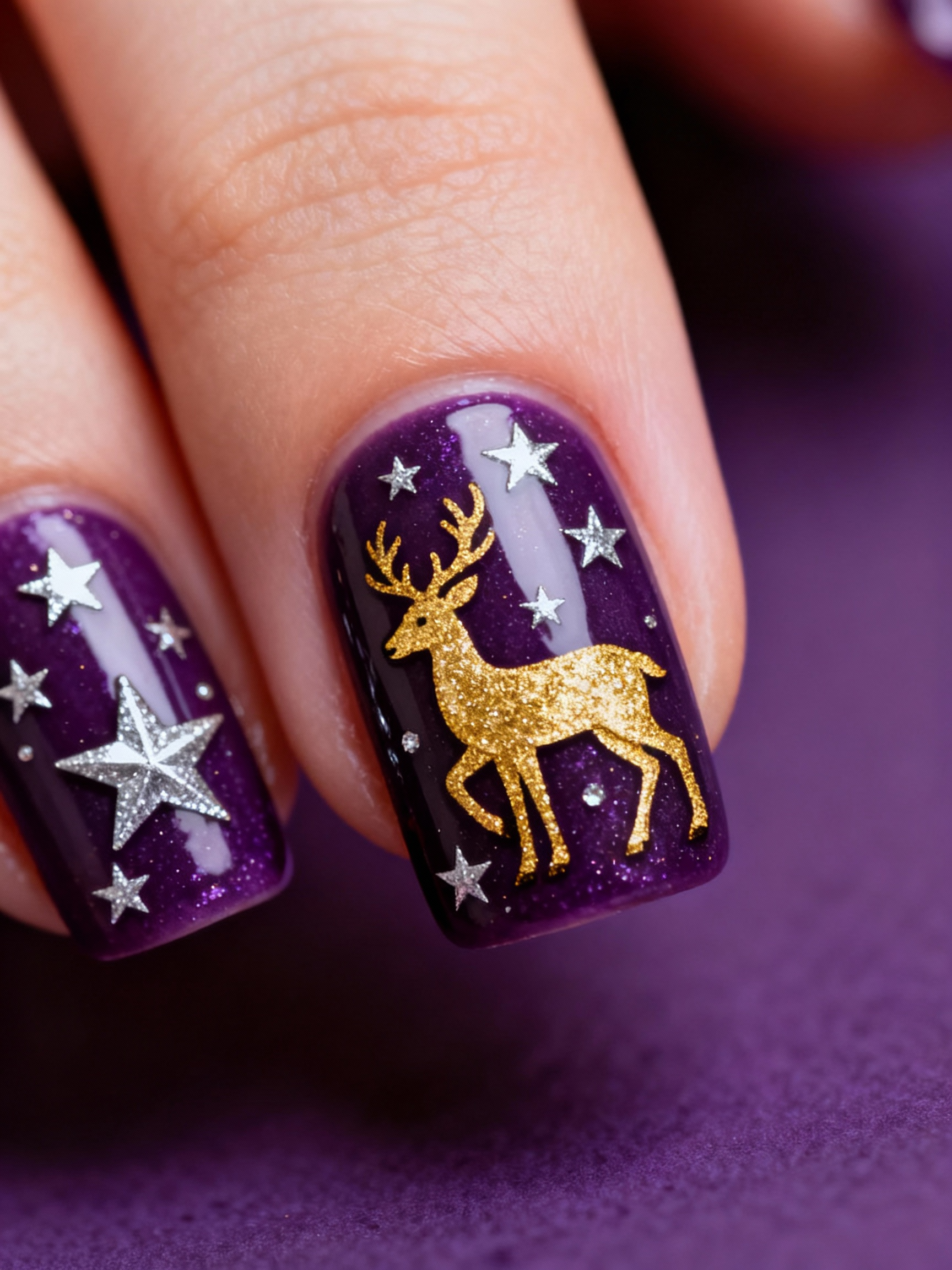 Purple Glitter Reindeer Nail Art