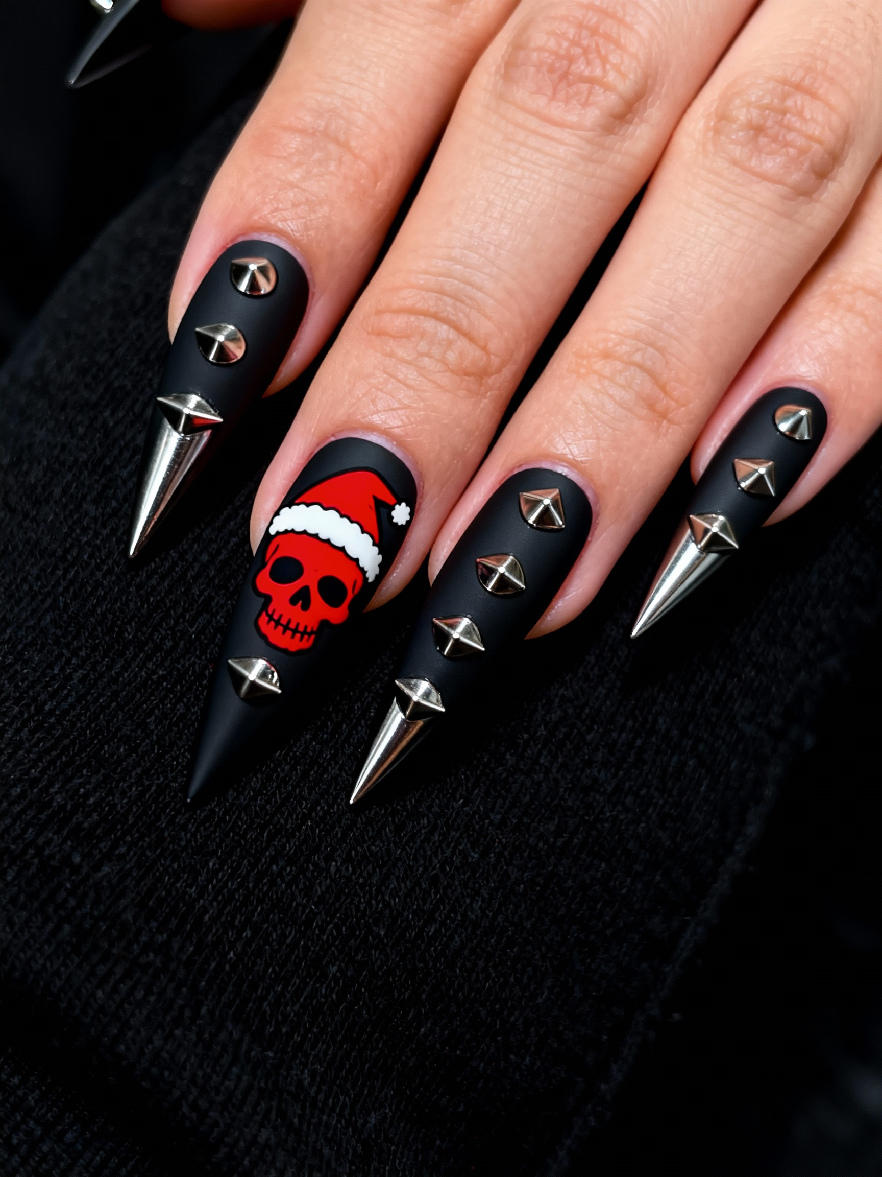 Black Spiked Skull Nail Art