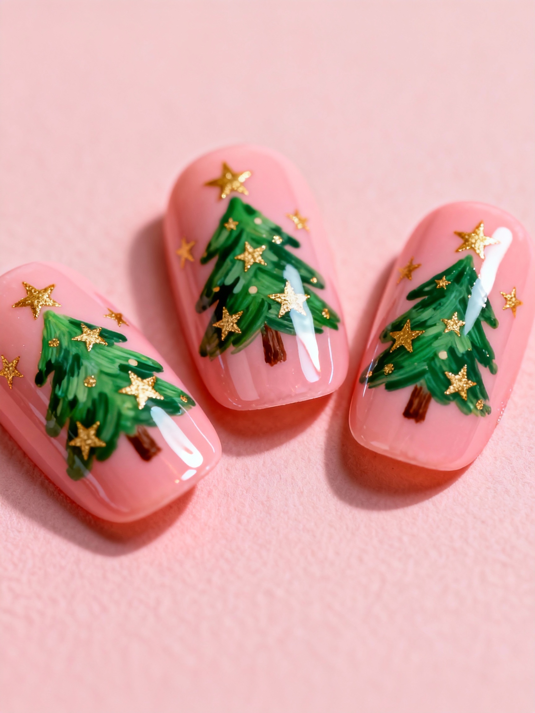 Pink Christmas Tree Nail Art